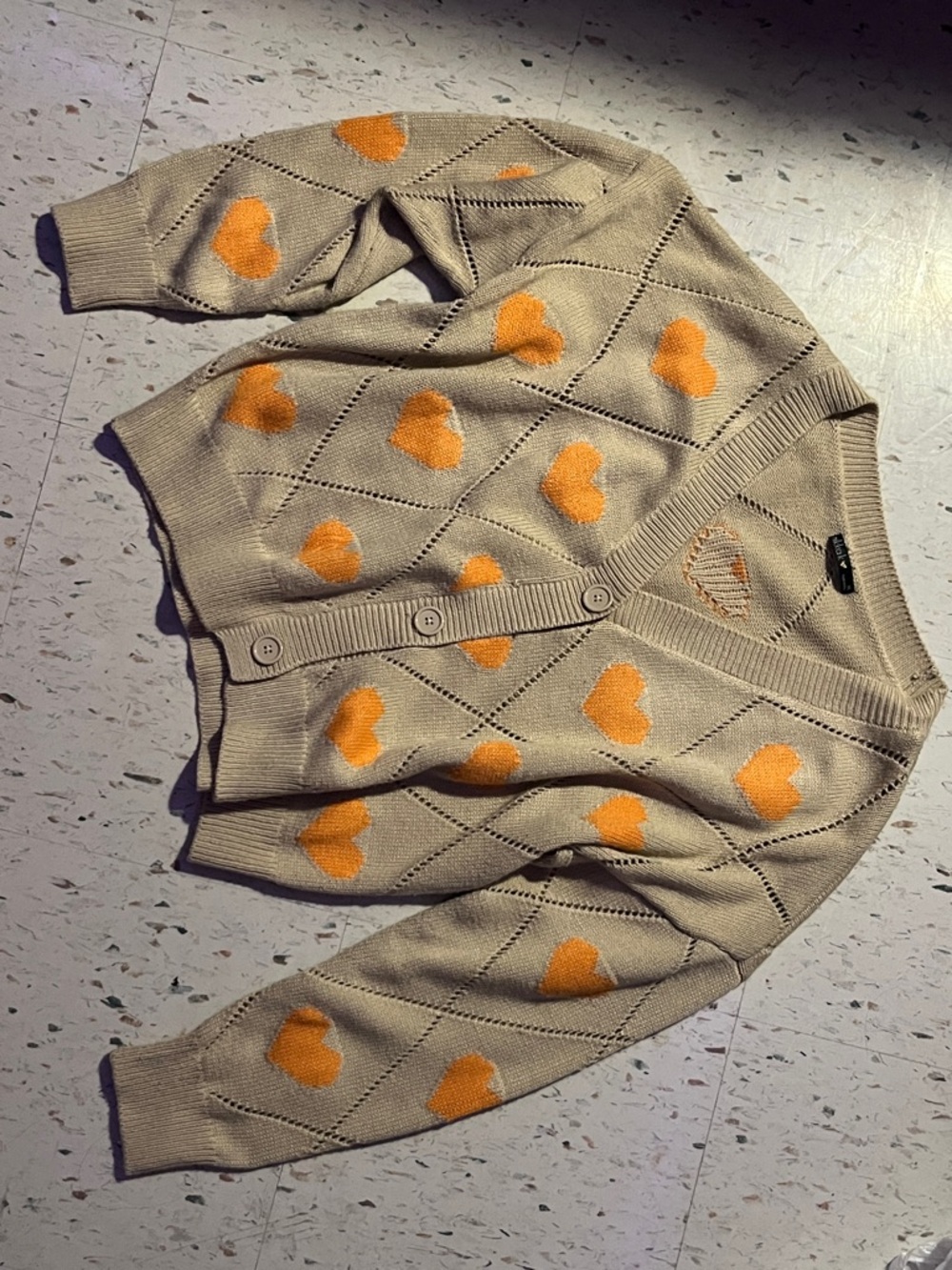 Beige Heart Pattern Button-Up Cardigan Sweater - Orange Hearts